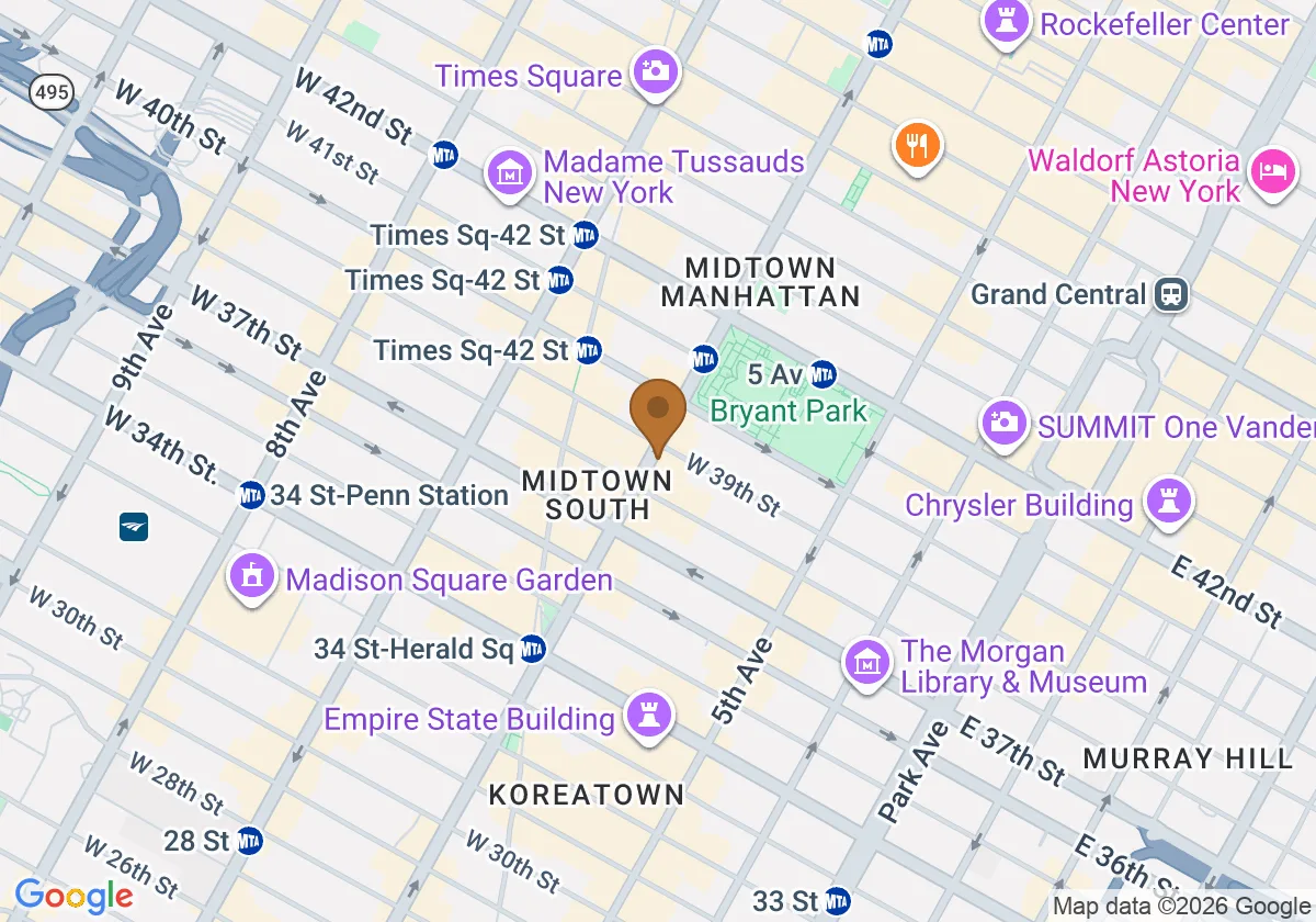 Map showing AEE Law at 49 West 37th Street, Floor 7, in Midtown Manhattan