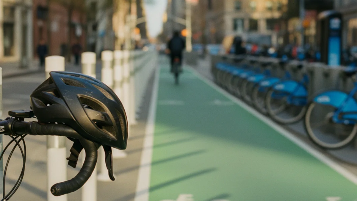 Bicycle helmet and bike lock on a New York City bike lane railing