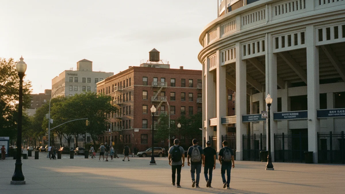 Yankee Stadium exterior gate at golden hour in the South Bronx