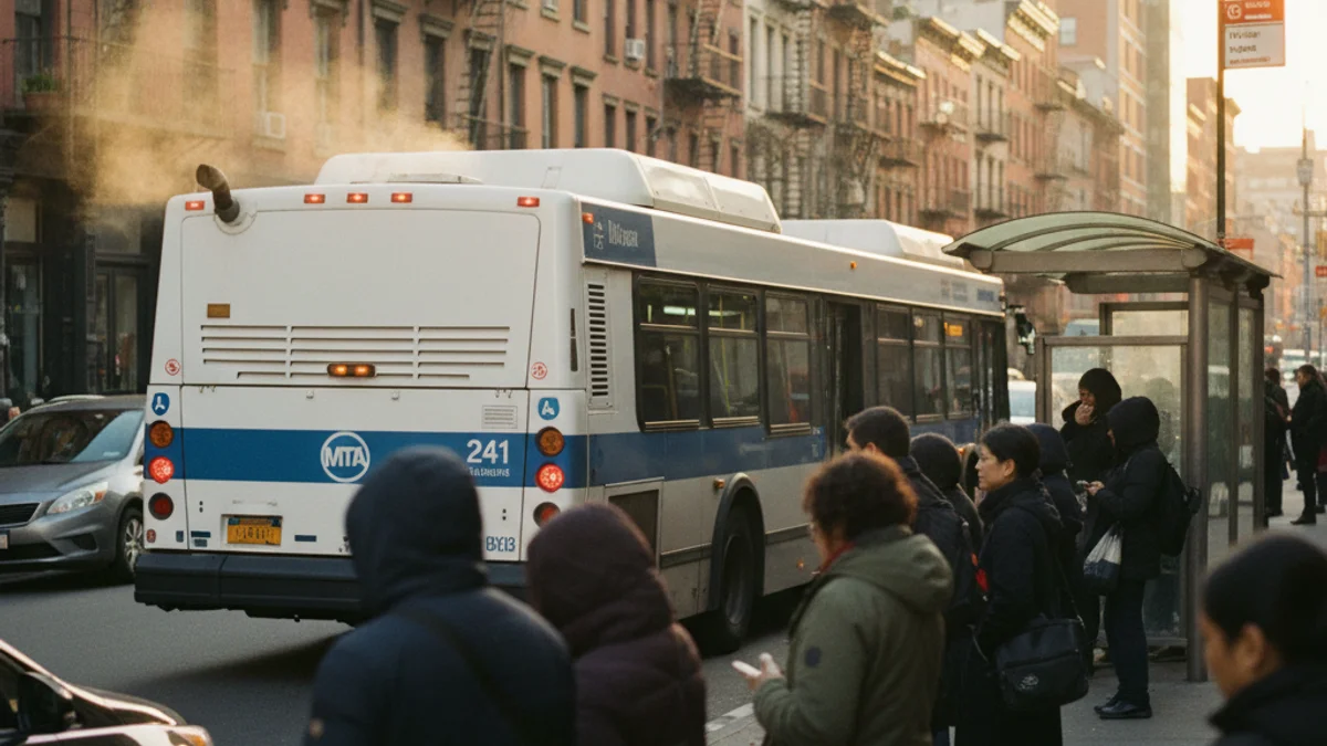 MTA city bus at a New York City bus stop with passengers waiting