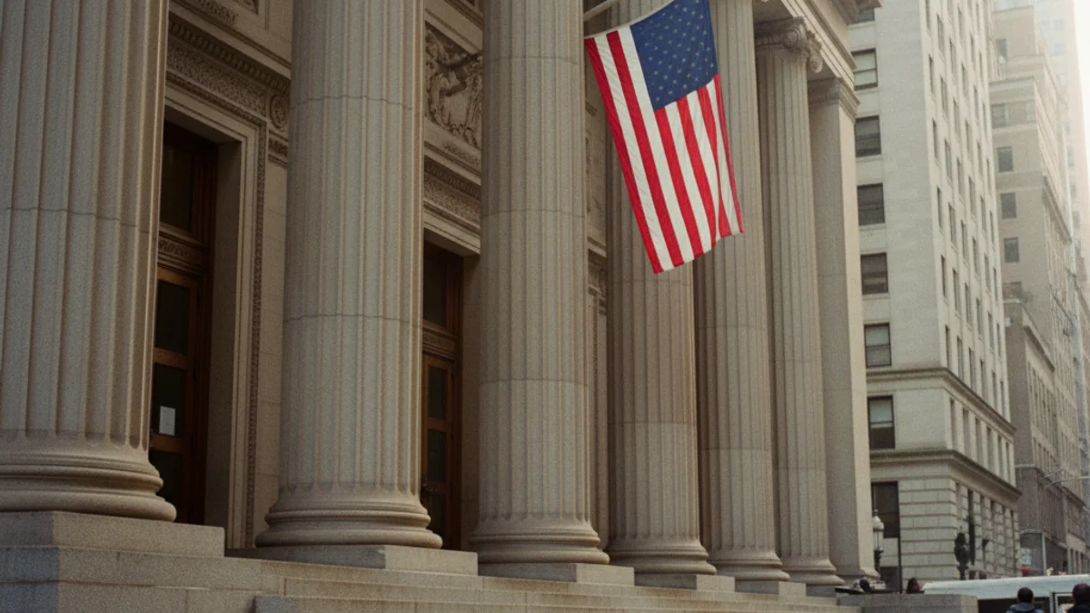 Federal courthouse columns and American flag in lower Manhattan