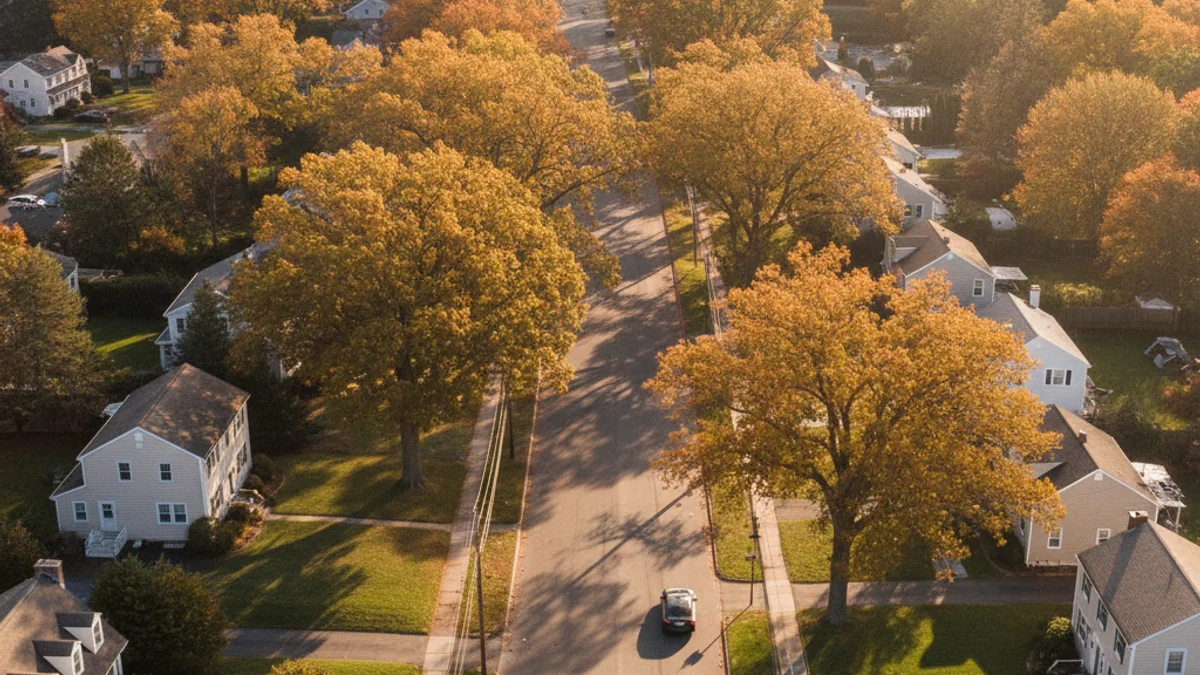 Aerial view of Long Island suburban streets lined with autumn trees at golden hour