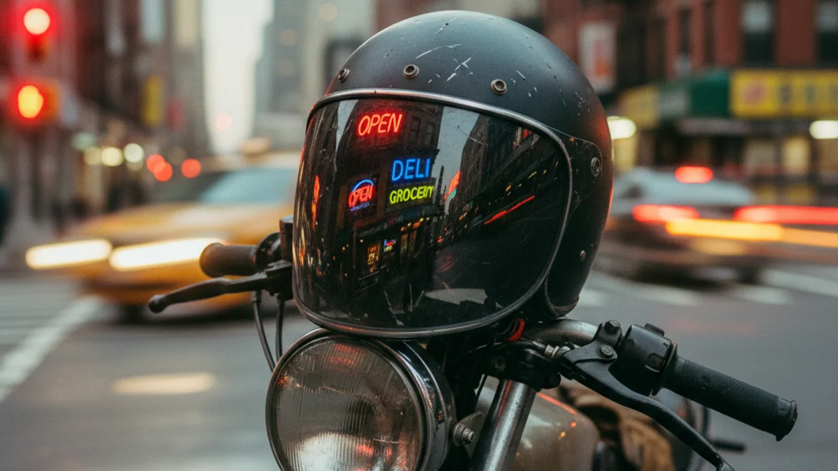Motorcycle helmet on handlebars at a New York City street corner at night