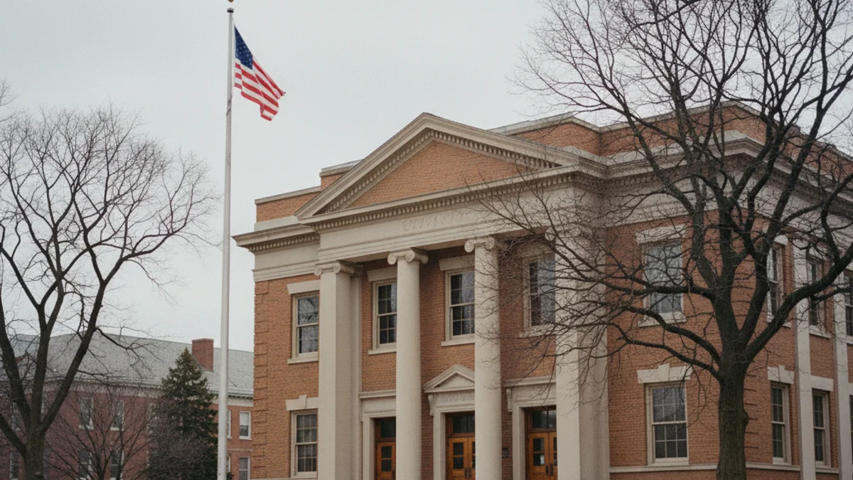 Nassau County courthouse exterior with brick and limestone facade on an overcast afternoon