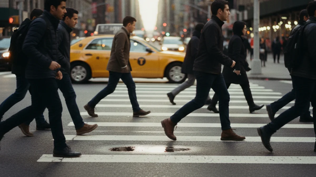 Pedestrians crossing a busy intersection with approaching traffic