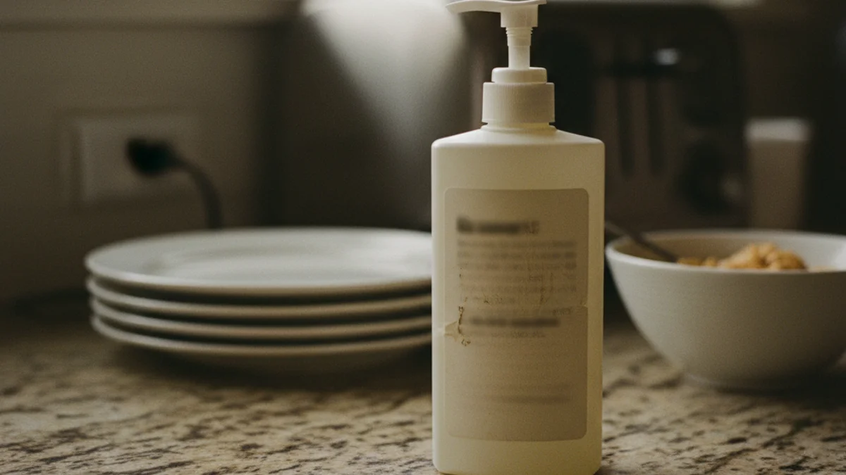 Consumer product packaging on a kitchen counter with selective focus