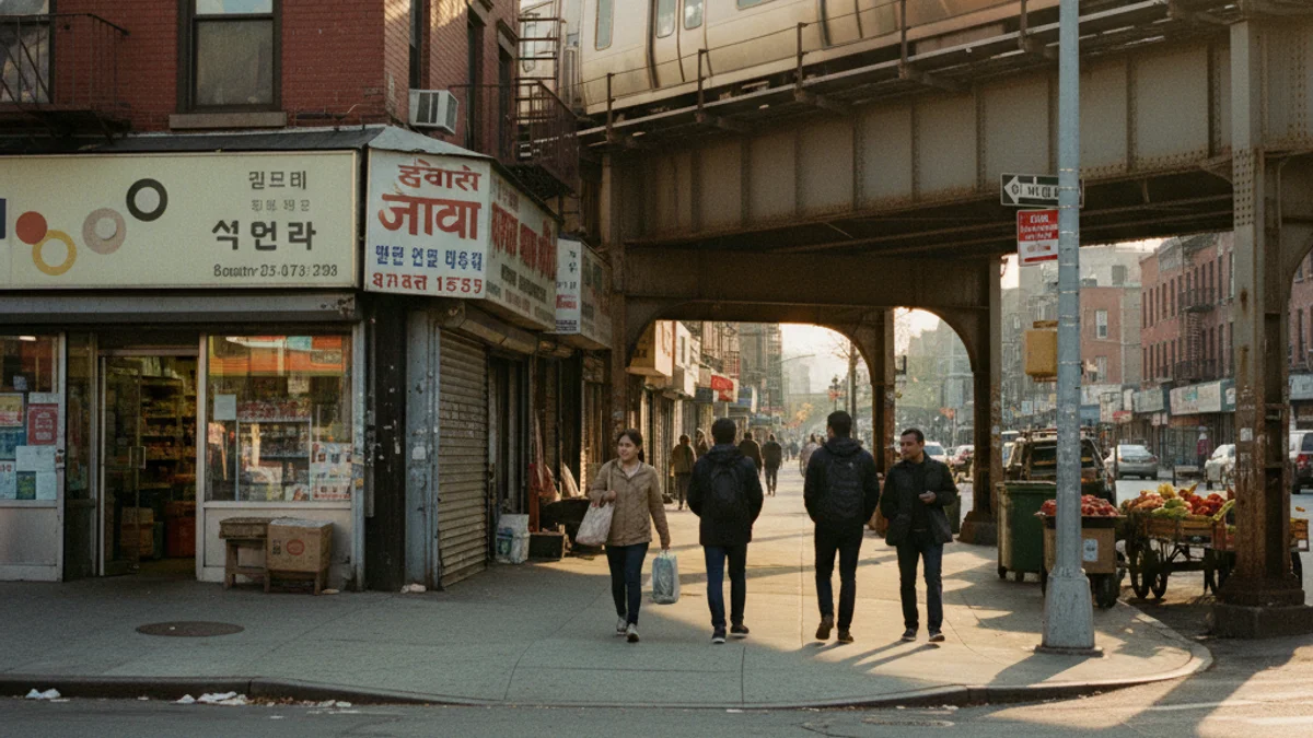 Queens street corner with the elevated 7 train and diverse storefronts