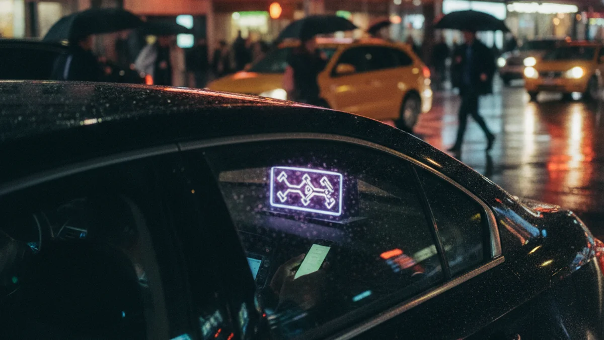 Rideshare vehicle picking up a passenger on a busy New York City street at night