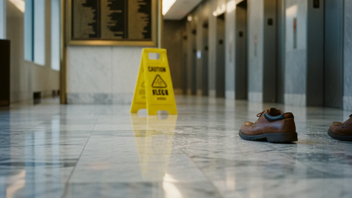 Wet floor with caution sign in a New York building lobby