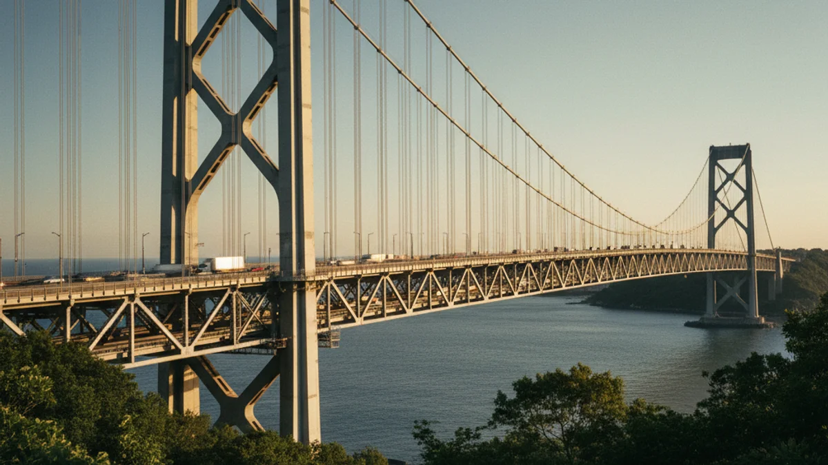 Verrazano-Narrows Bridge towers viewed from the Staten Island shoreline