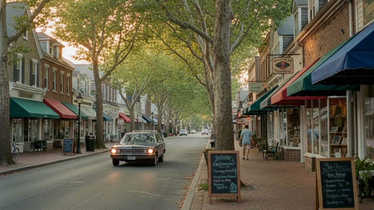 Suffolk County main street with small storefronts and afternoon light filtering through trees