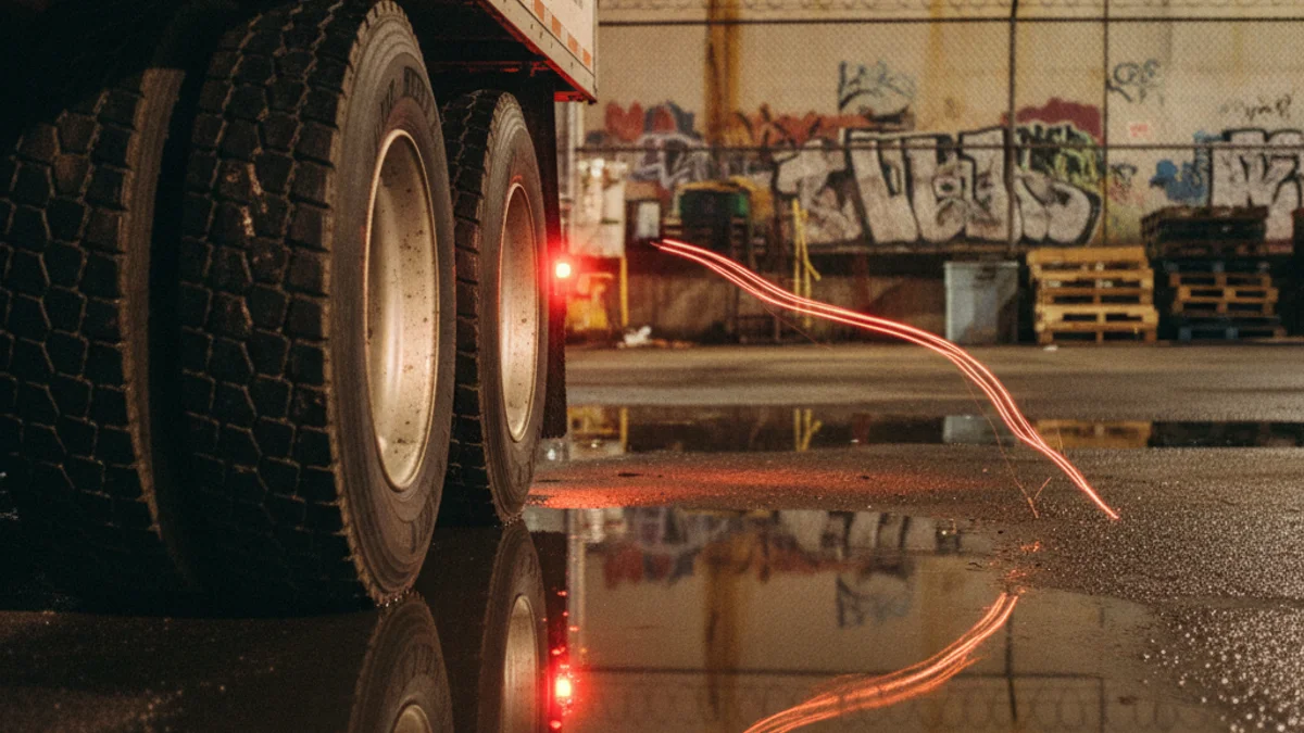 Semi-truck tires on wet pavement at a New York loading dock at night