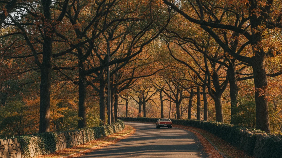 Westchester County suburban road with fall foliage and warm natural light