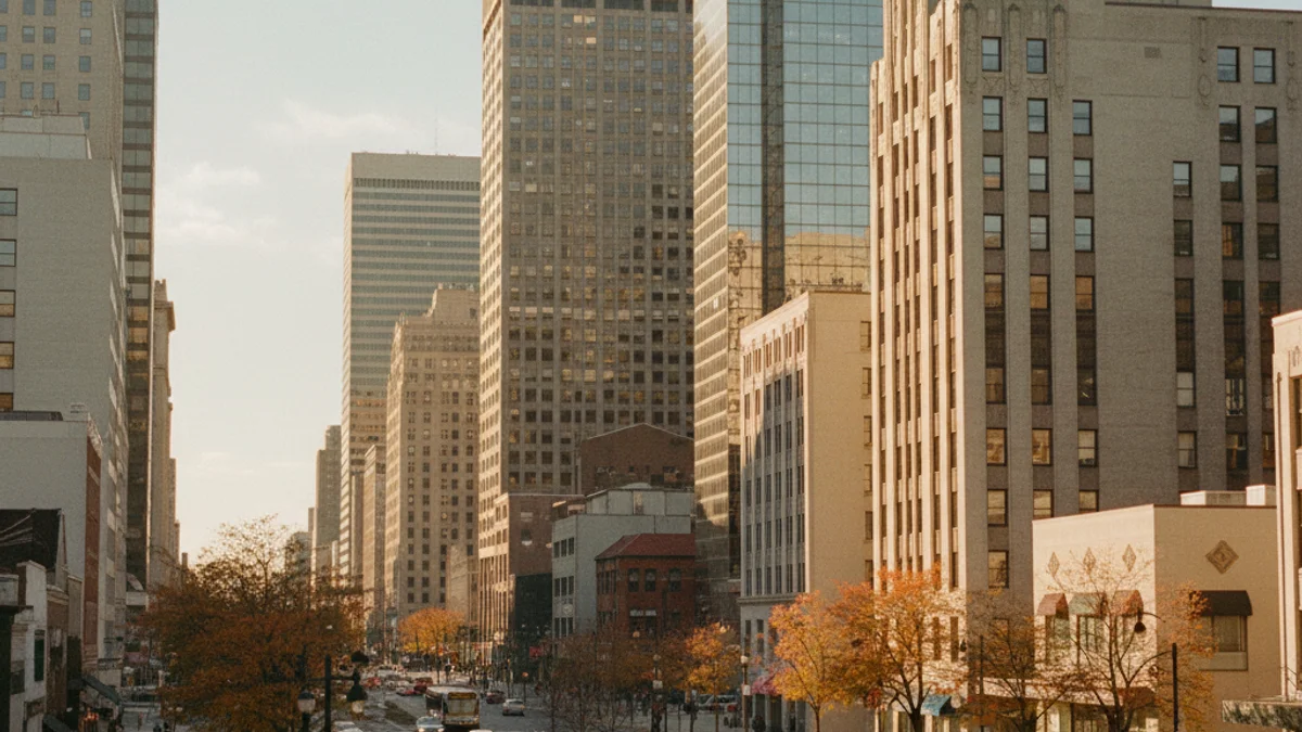 White Plains downtown skyline with modern buildings against older architecture
