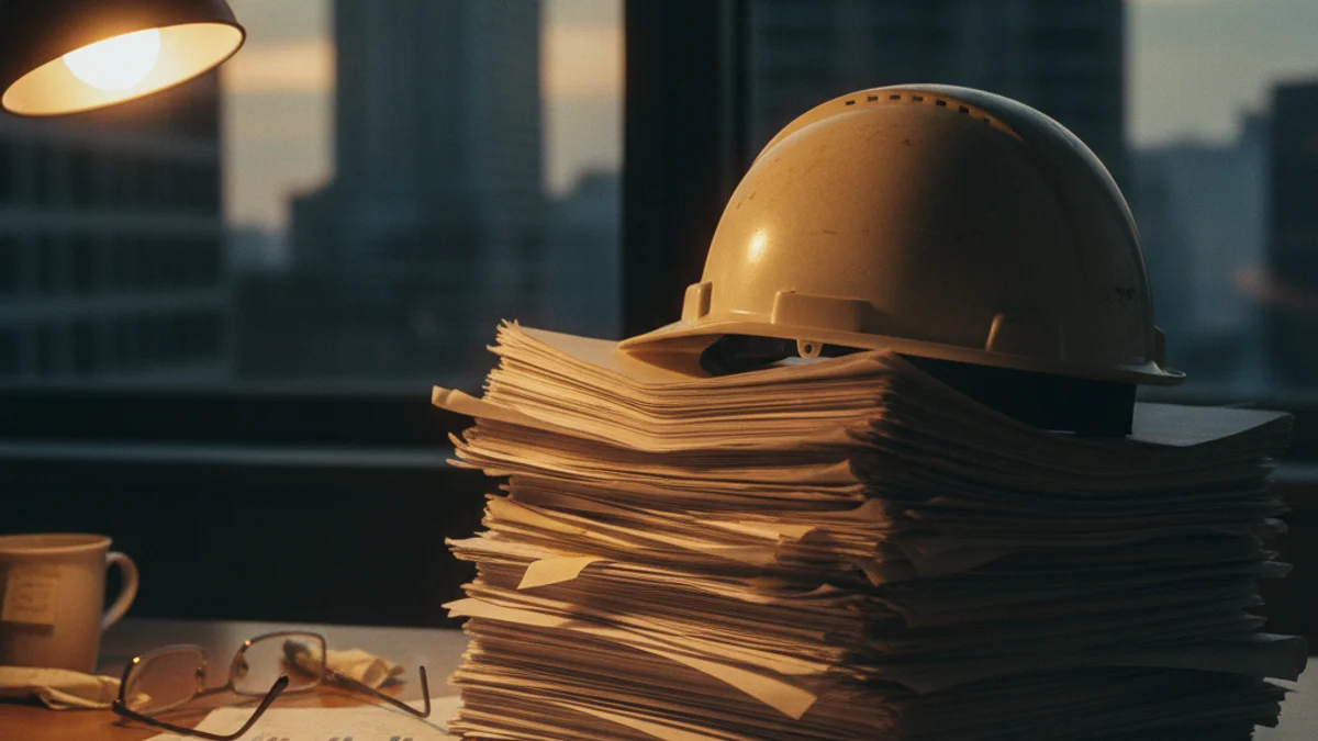 Workers comp paperwork and hard hat on an office desk with city view