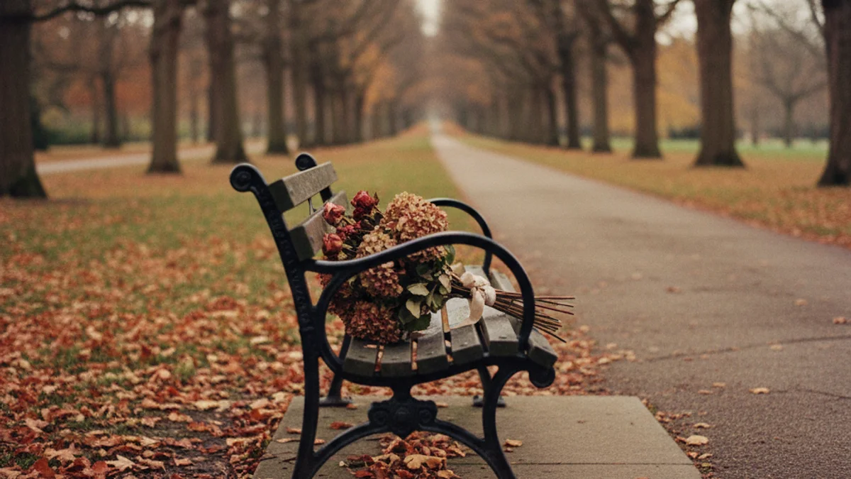 Memorial flowers on an empty park bench