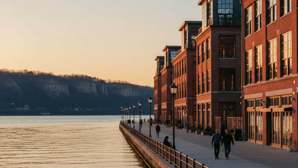 Yonkers waterfront along the Hudson River at golden hour