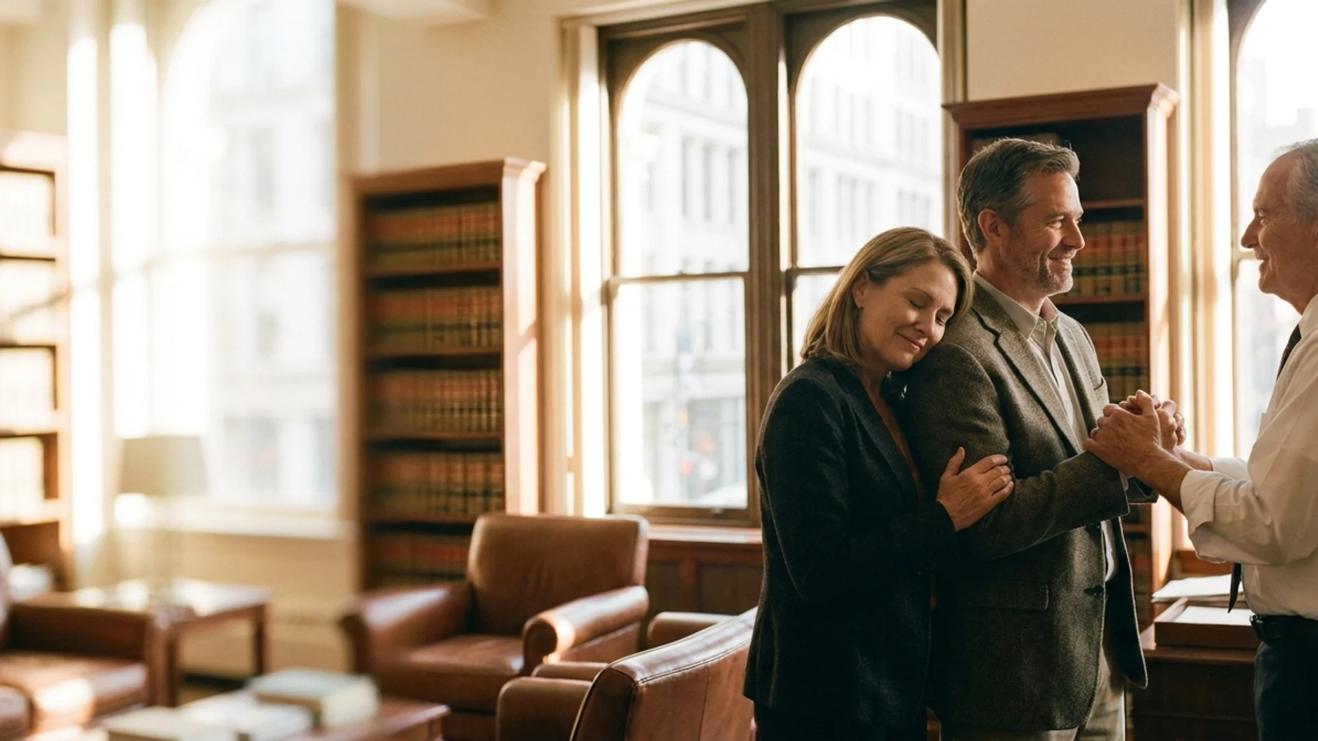 A relieved couple with their AEE Law attorney in a sunlit New York City law office